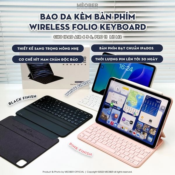  [Premium] Bao Da Kèm Bàn Phím Wireless Folio Keyboard cho iPad Air4/5/6/7, Gen 10&11,Pro 11  M1 M2 by MèoBer 