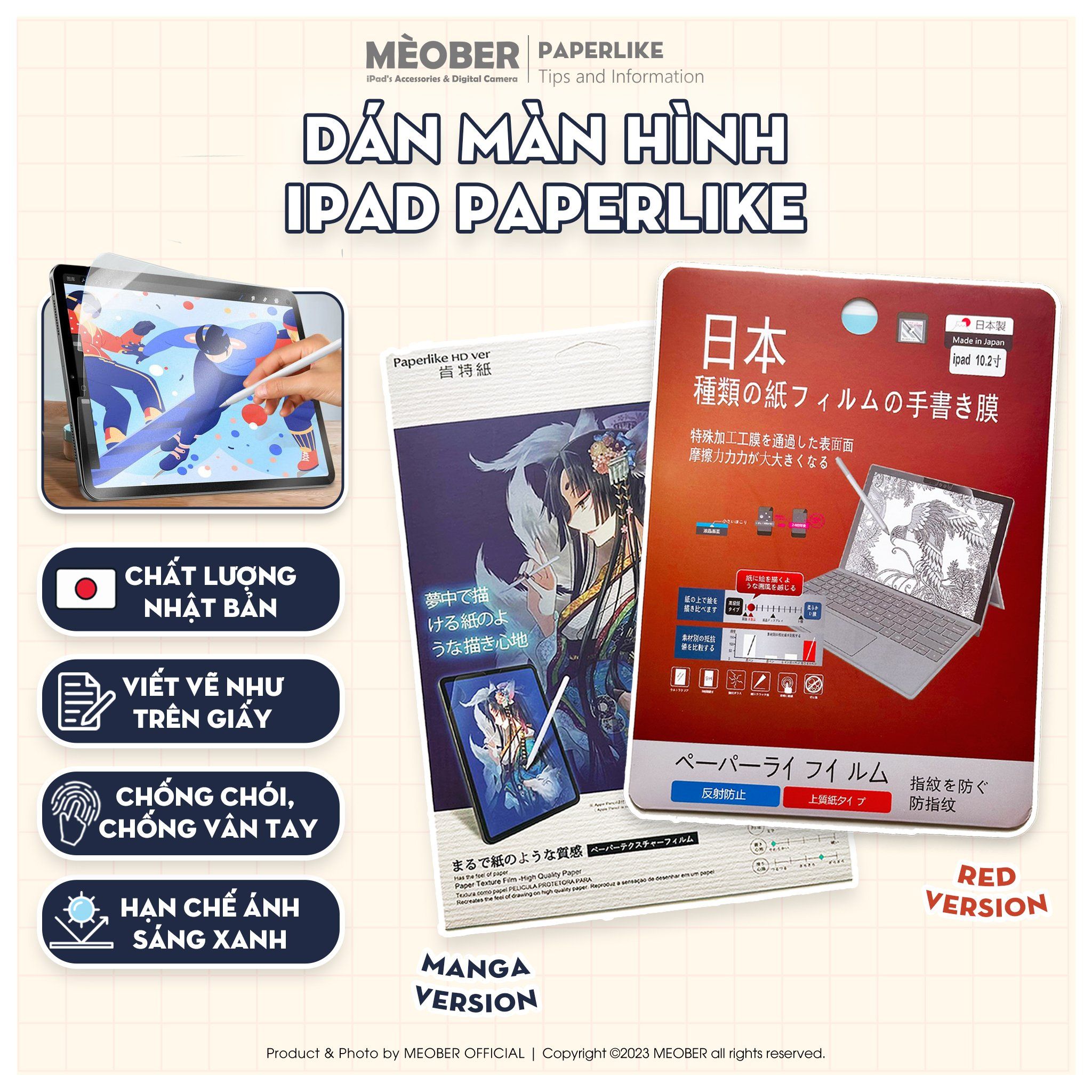  [Paperlike Nhật Đỏ] Dán màn hình iPad Paperlike by MèoBer dành cho người dùng viết vẽ, tạo cảm giác viết như trên giấy, chống chói, vân tay dành cho iPad 