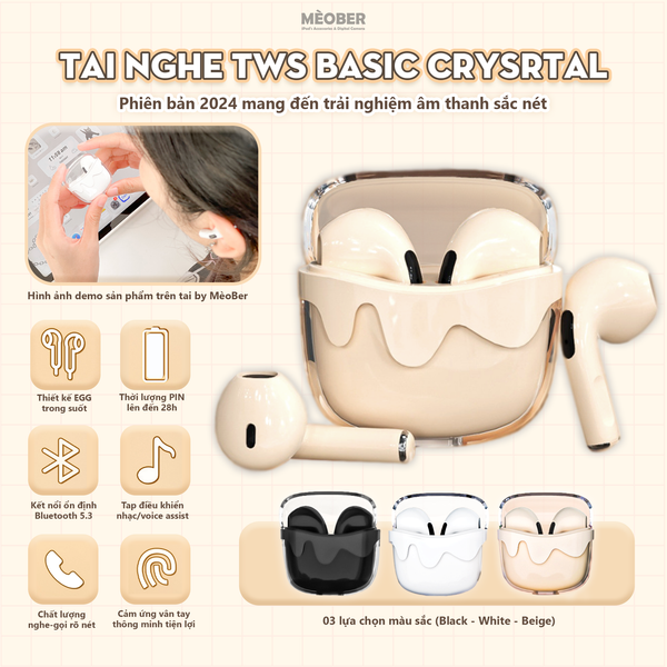  Tai Nghe TWS Crystal Cute 2024 âm thanh nổi, giảm ồn, thiết kế trong suốt by MèoBer 