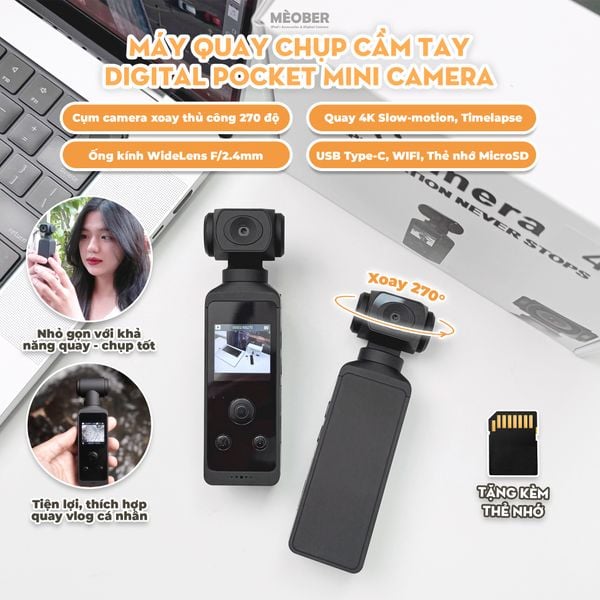  [Tặng thẻ nhớ] Máy Quay Chụp Cầm Tay Digital Pocket Mini Camera - quay vlog 4K video, chụp ảnh 18MP, tích hợp Wi-Fi by MèoBer 