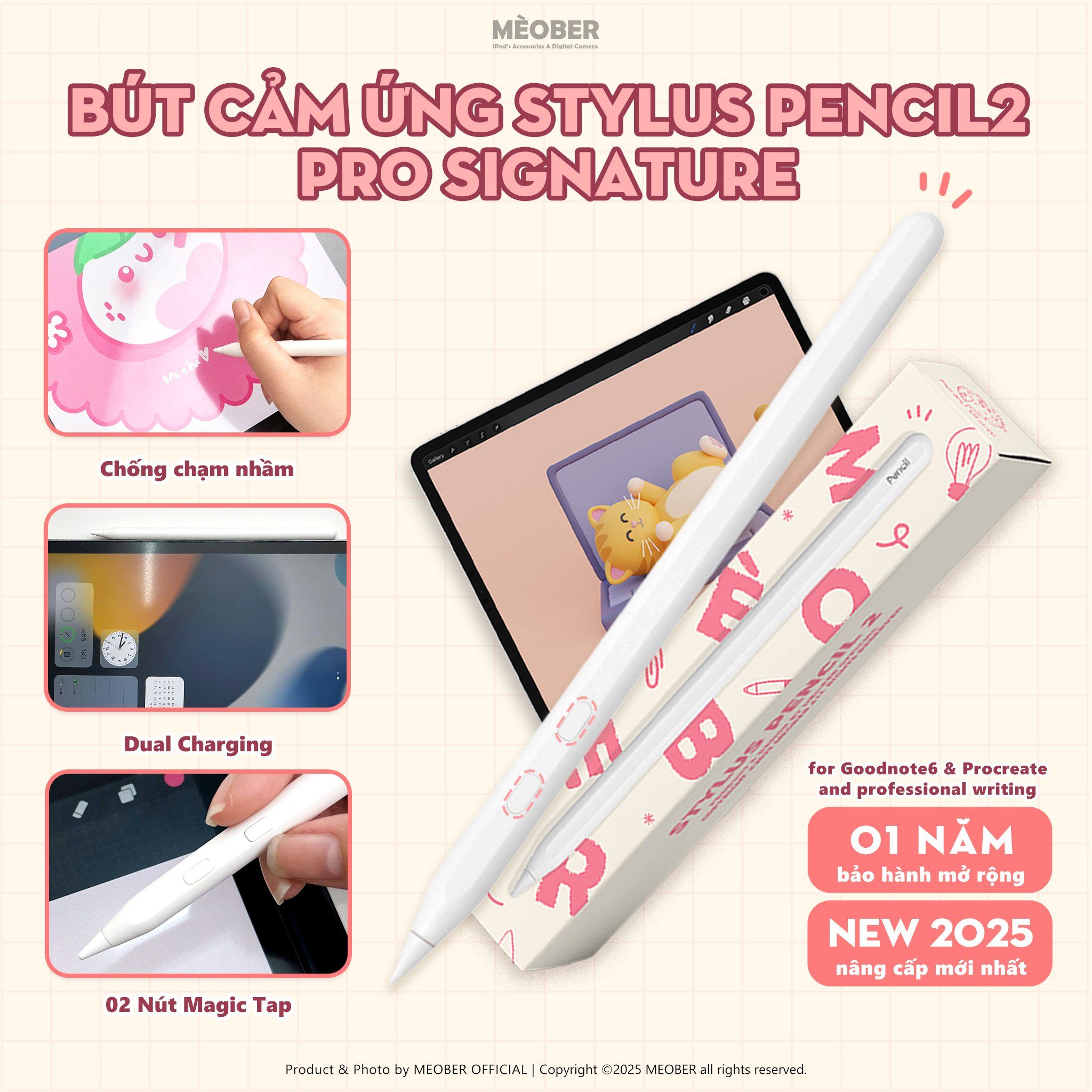  [Bản 2025] Bút cảm ứng Pencil2 Pro Signature cho iPad Pro 11 129 M1 M2 M3 M4 Air 4 5 6 Mini 7 Gen 8 9 10 11 by MèoBer 