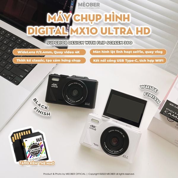  [Tặng thẻ nhớ] Máy Chụp Hình Digital MX10 UltraHD - Chụp giả lập màu phim 64MP, quay video 4K, màn hình lật, tích hợp Wi-Fi by MèoBer 