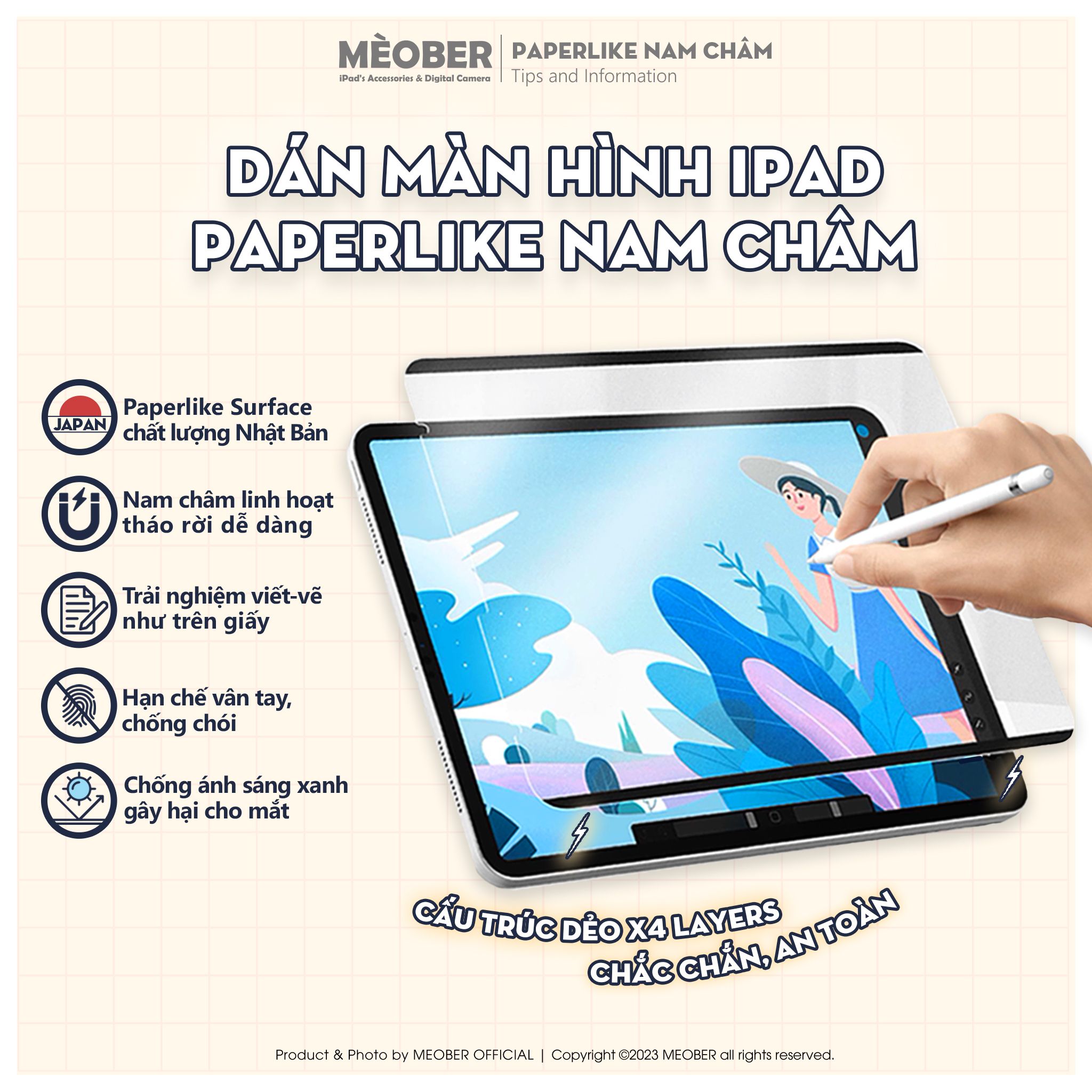  [Made in Japan] Dán màn hình iPad Paperlike Nam Châm - Chống vân tay, chống chói và ánh sáng xanh, hỗ trợ tháo rời dễ dàng cho iPad 