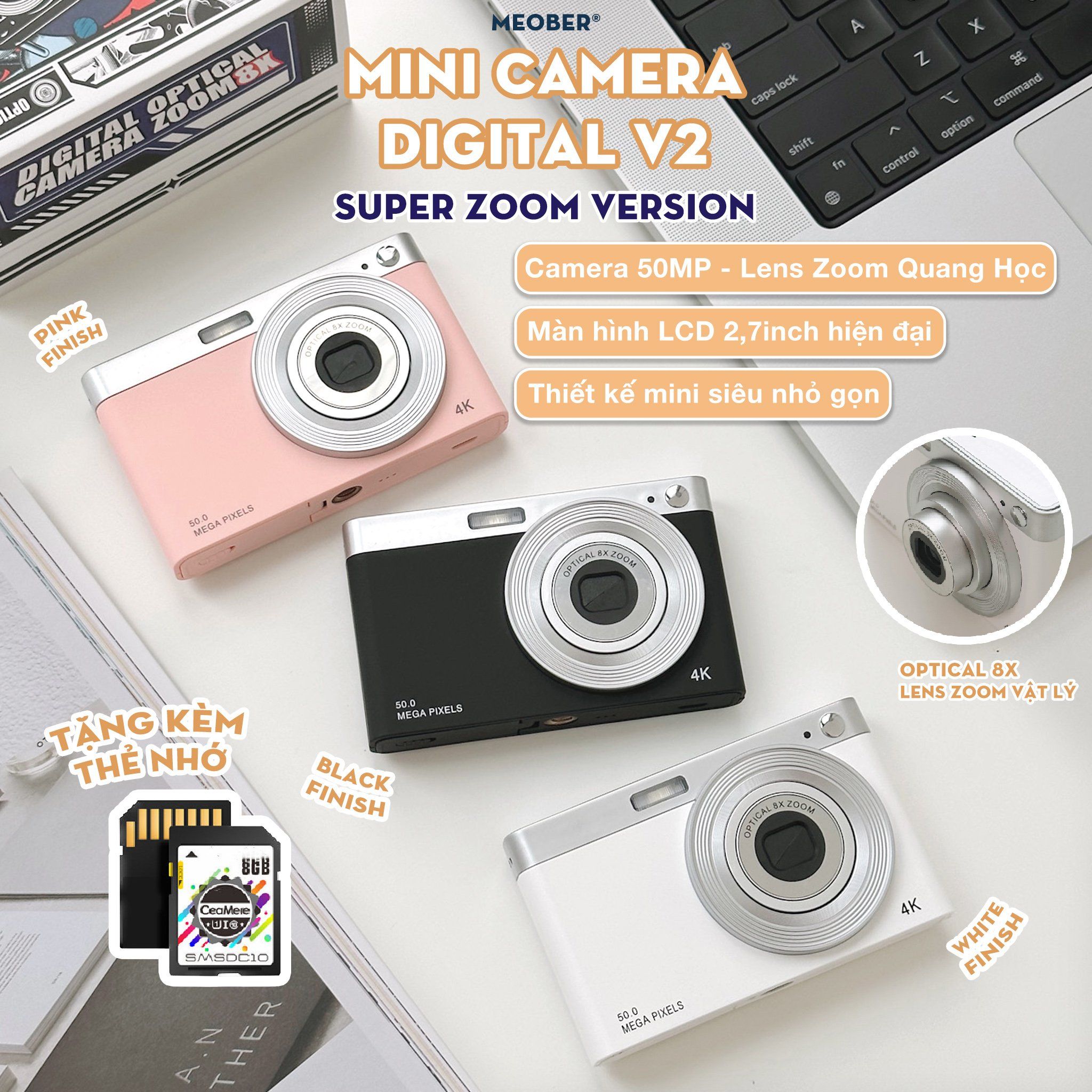  [Tặng thẻ nhớ] Máy Chụp hình mini digital v2 50MP Super Zoom, quay phim 4K, zoom quang học , quay video slow-mo, chuyển hình qua smartphone 