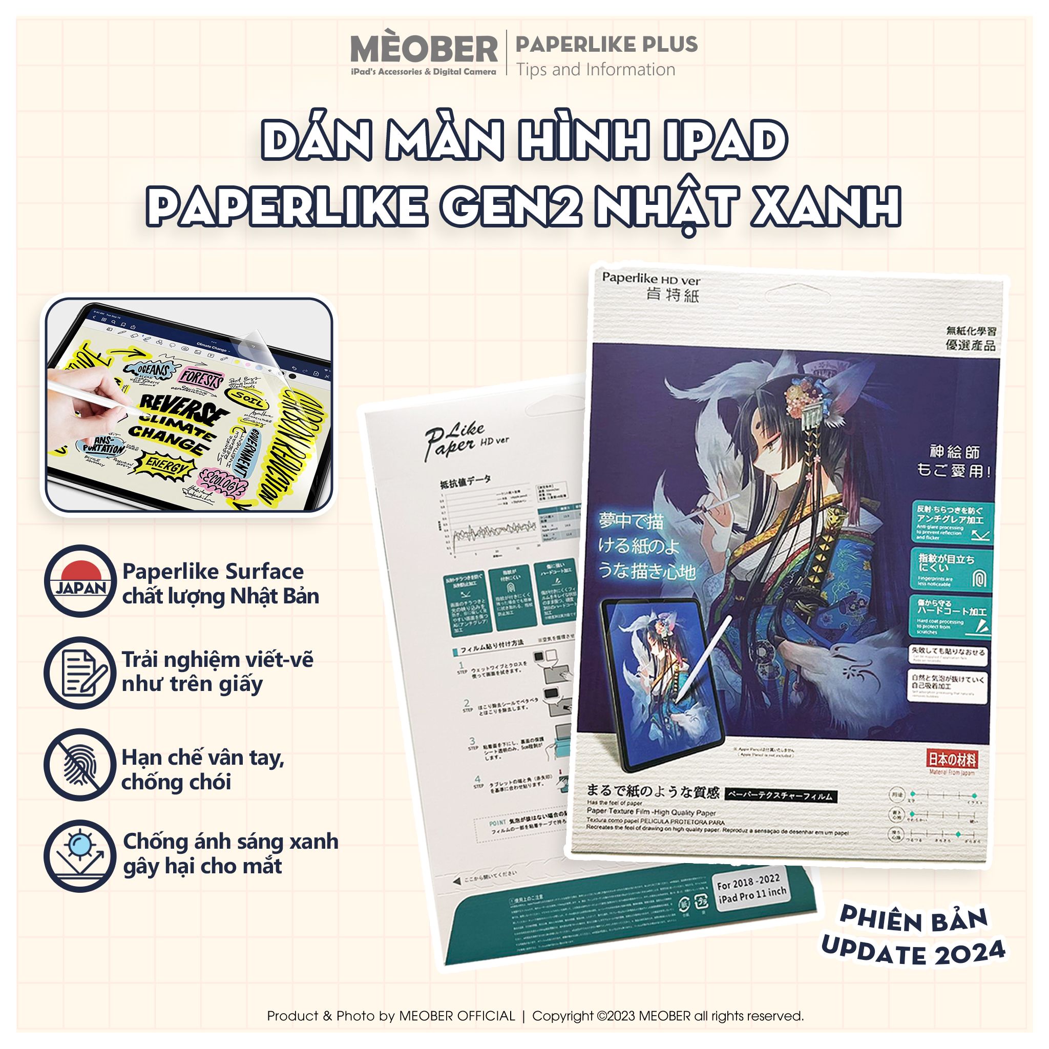  [Made in Japan] Dán màn hình iPad Paperlike Gen 2 - Chống vân tay, chống chói và ánh sáng xanh cho iPad đủ loại (Air 4; 3, Pro 11; 10.5; 12.9, Gen 7 8) 