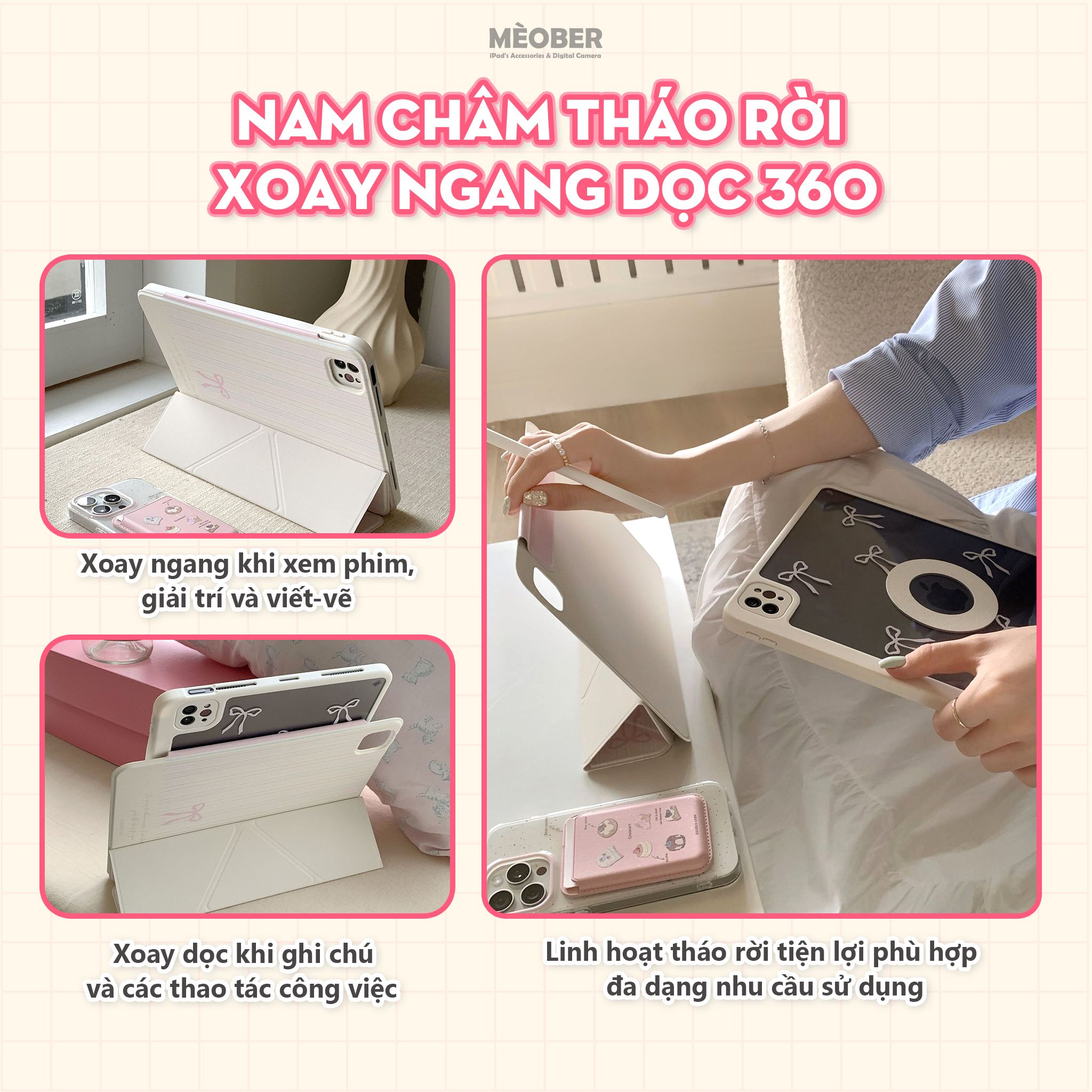  [New 2025] Bao da Cute Nam Châm Xoay x Origami dành cho iPad - Hỗ trợ tháo rời linh hoạt, siêu bảo vệ by MèoBer 