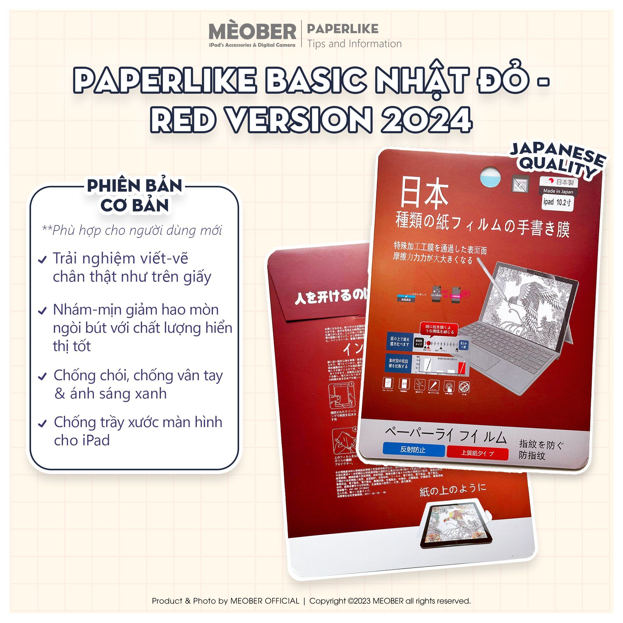  [Paperlike Nhật Đỏ] Dán màn hình iPad Paperlike by MèoBer dành cho người dùng viết vẽ, tạo cảm giác viết như trên giấy, chống chói, vân tay dành cho iPad 