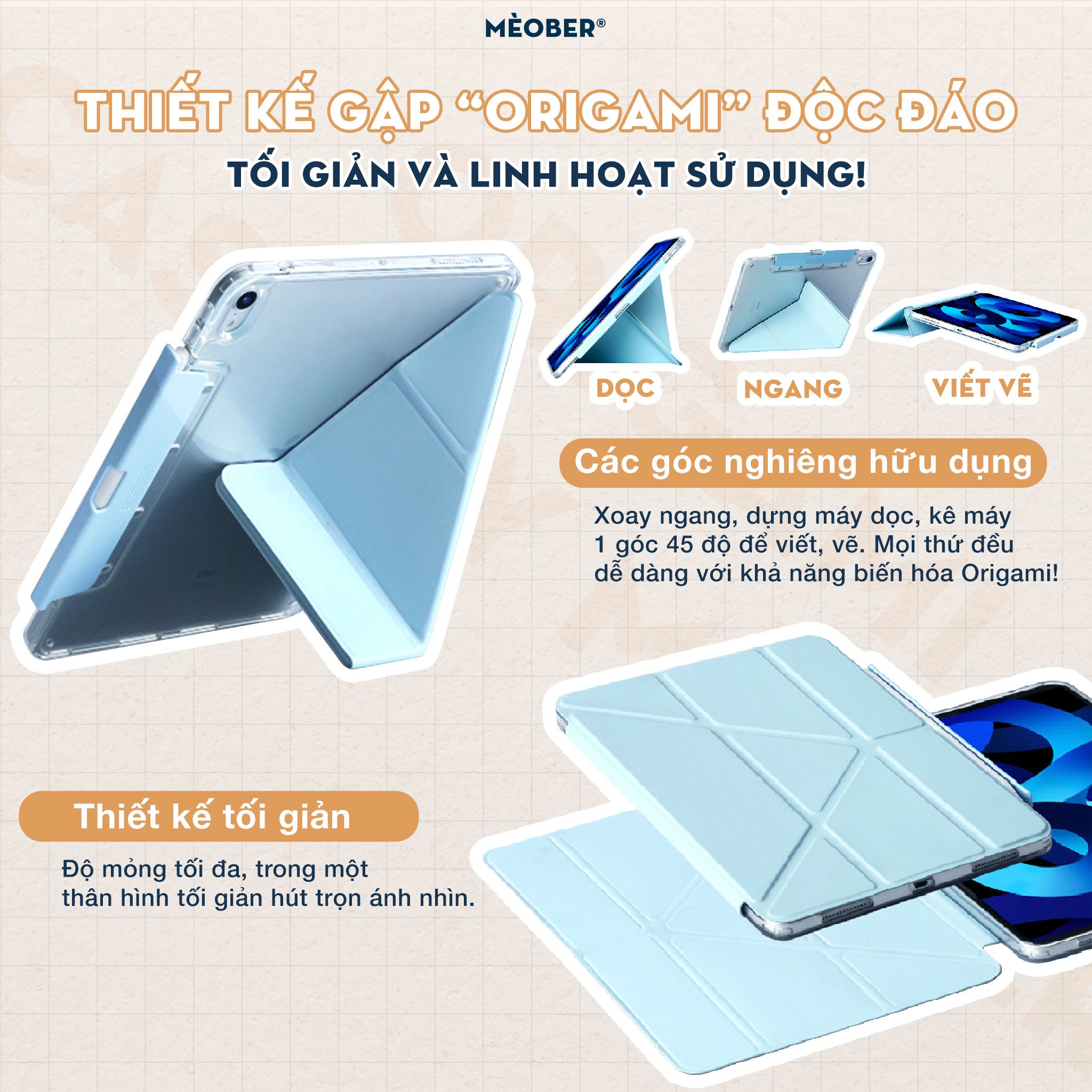  Bao da i Pad Origami gấp xếp xoay 360 cho  Pro 11, Mini 6, Air 4, 10.2 - khay bút ẩn, lưng viền trong suốt by MèoBer 