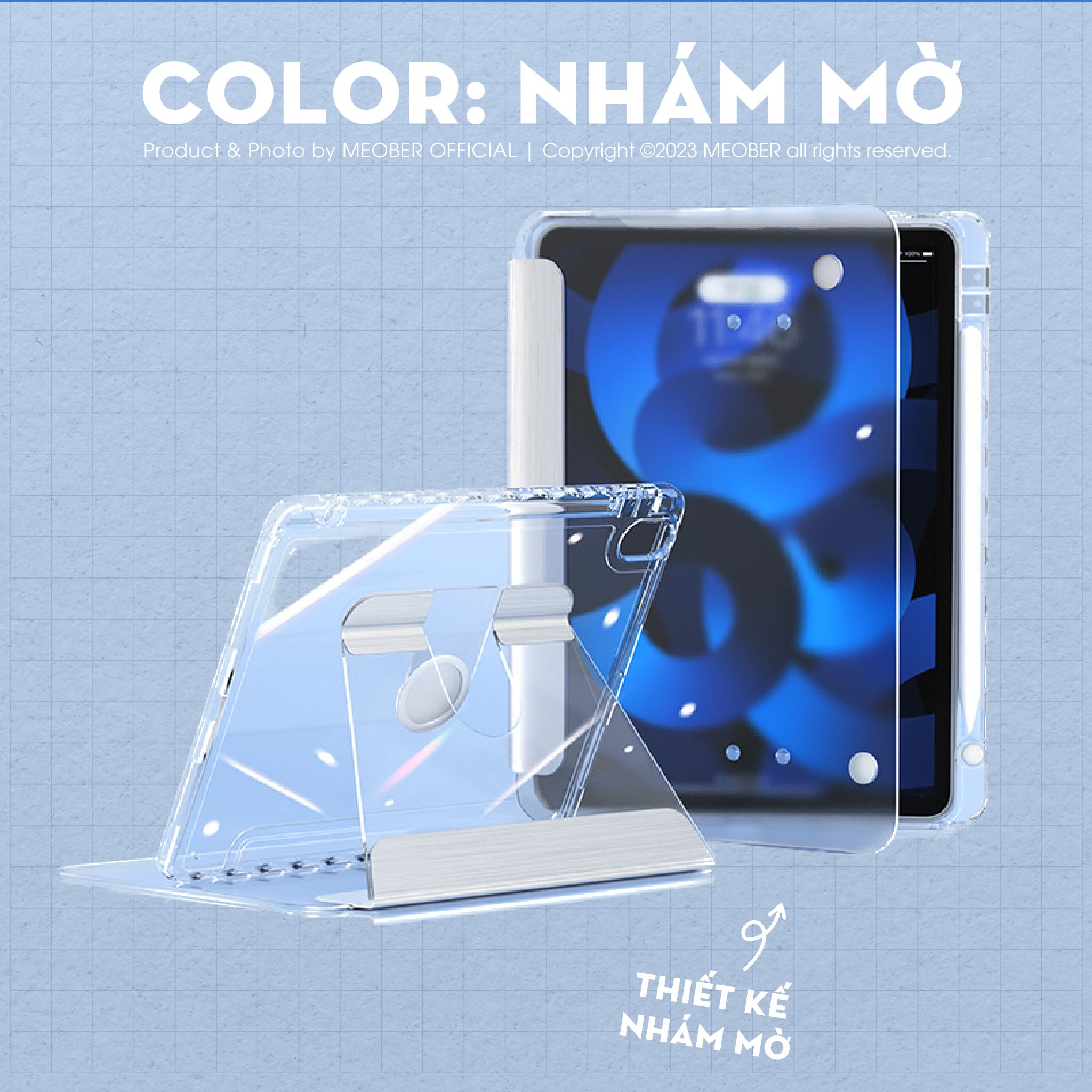  Bao da trong suốt xoay 360 Crystal Case by Meober - Có khe sạc bút, acrylic chống ố, cho iPad Gen 8/9/10 Air 4/5 Pro11 