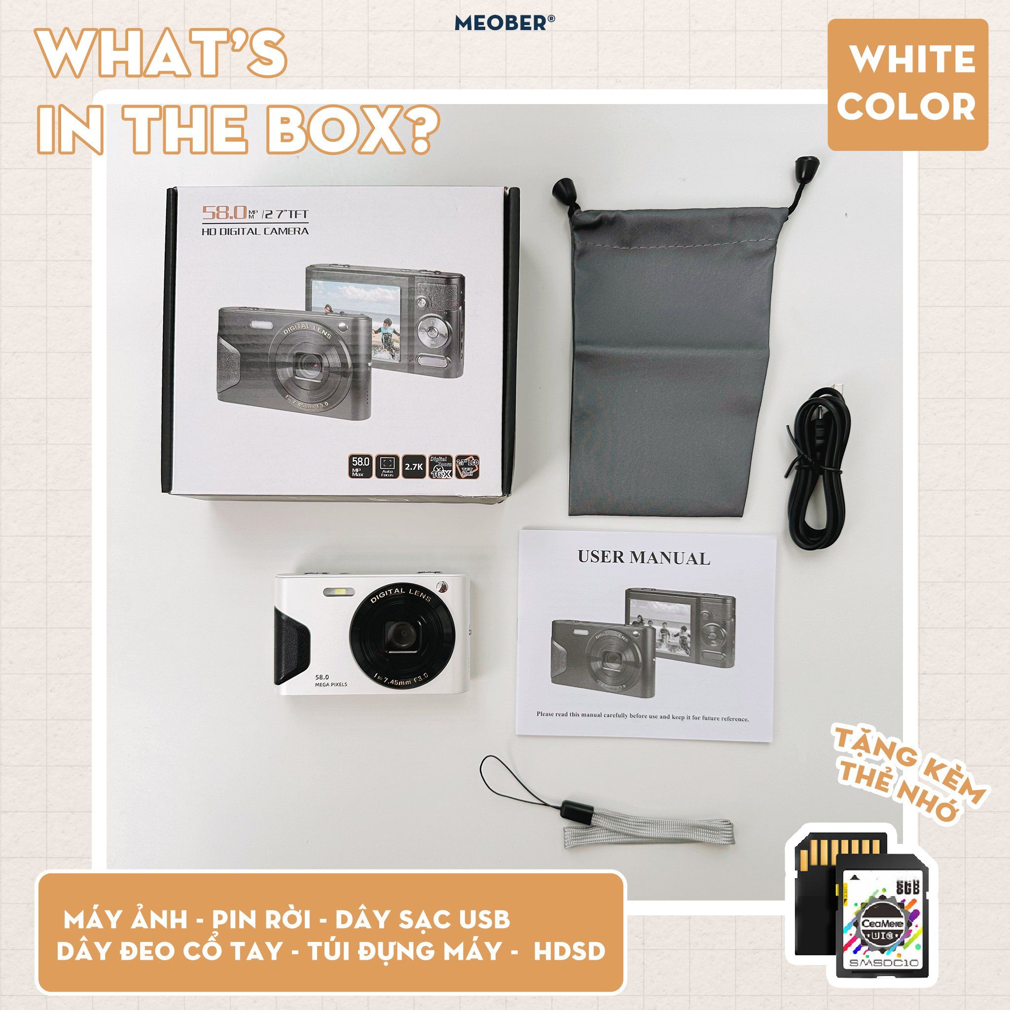  [Tặng thẻ nhớ] Máy ảnh kĩ thuật số digital mini camera v3 - quay, chụp 58MP, siêu mỏng nhỏ gọn by MèoBer 