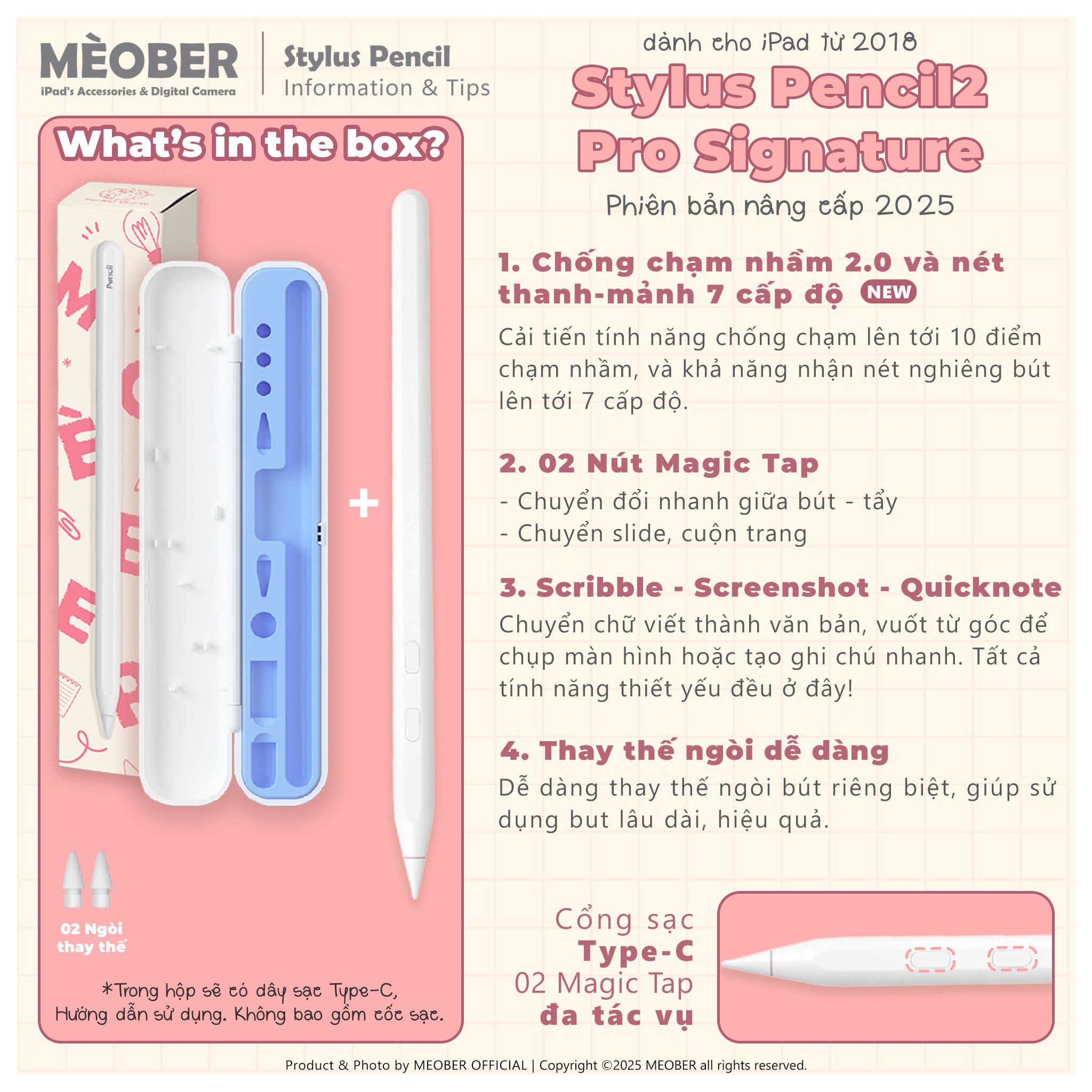  [Bản 2025] Bút cảm ứng Pencil2 Pro Signature cho iPad Pro 11 129 M1 M2 M3 M4 Air 4 5 6 Mini 7 Gen 8 9 10 11 by MèoBer 