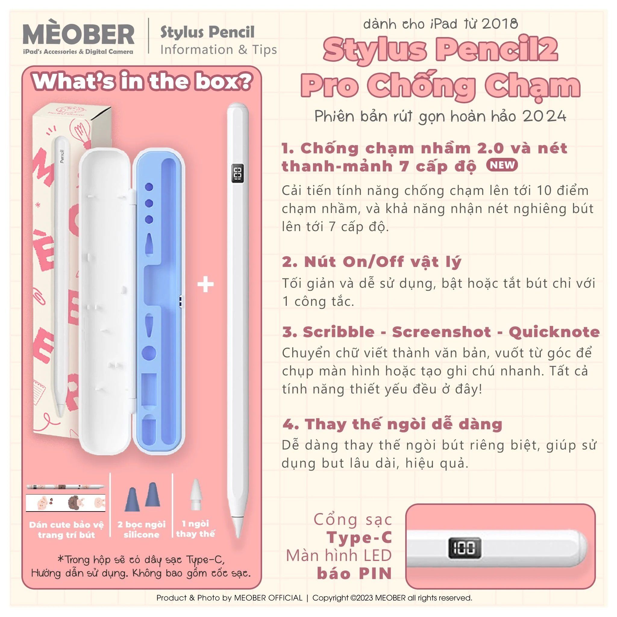  [Bản 2025] Bút cảm ứng Pencil2 Pro Signature cho iPad Pro 11 129 M1 M2 M3 M4 Air 4 5 6 Mini 7 Gen 8 9 10 11 by MèoBer 