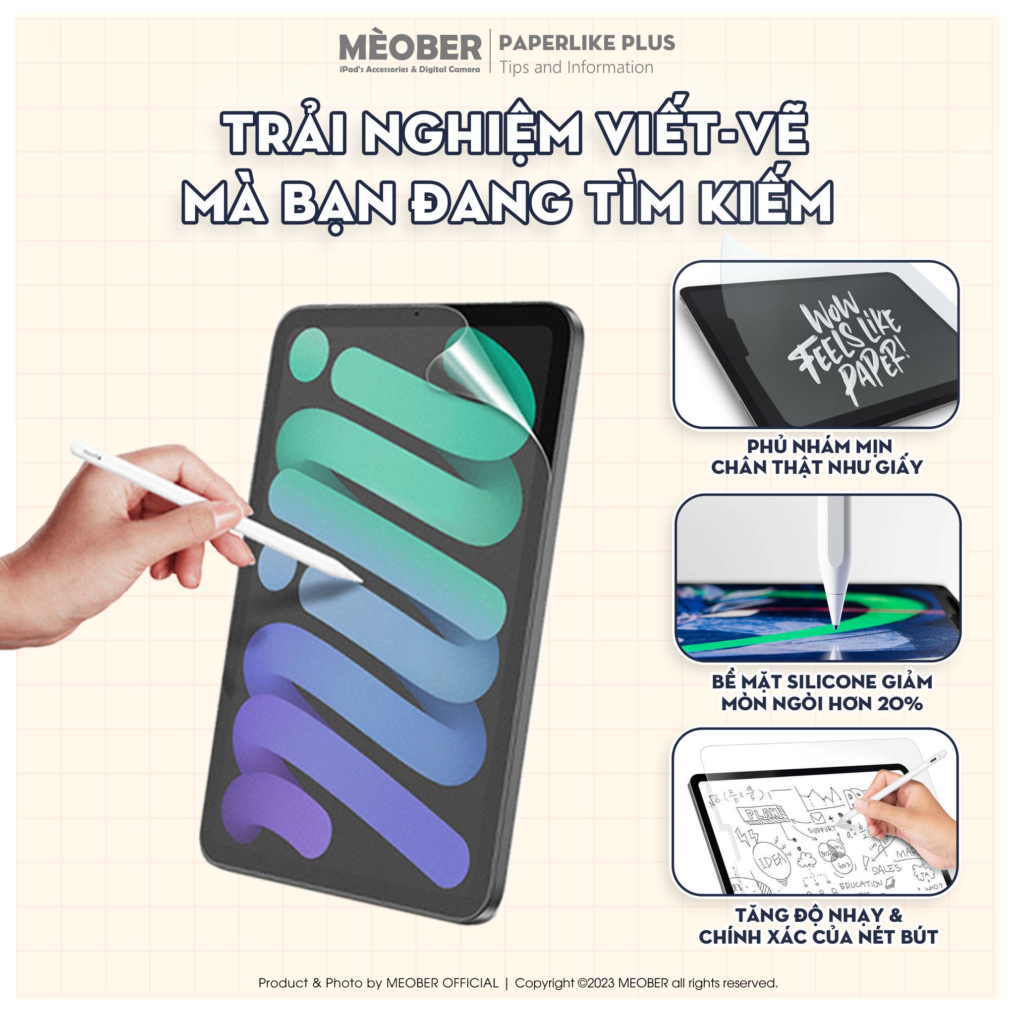  [Paperlike Plus] Dán màn hình iPad Paperlike by MèoBer chuyên dụng, viết vẽ như trên giấy, chống chói, vân tay dành cho iPad 
