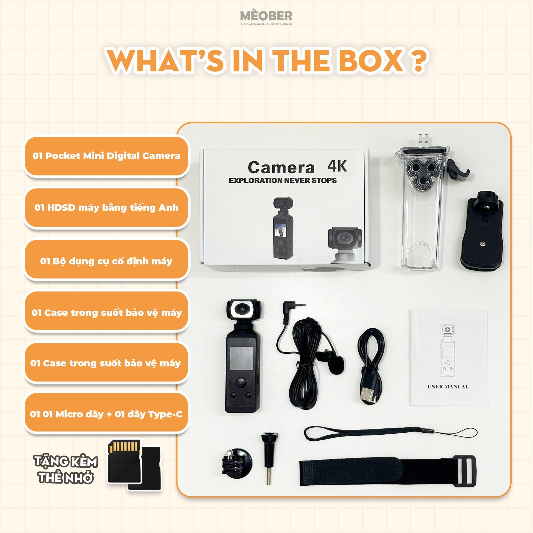  [Tặng thẻ nhớ] Máy Quay Chụp Cầm Tay Digital Pocket Mini Camera - quay vlog 4K video, chụp ảnh 18MP, tích hợp Wi-Fi by MèoBer 