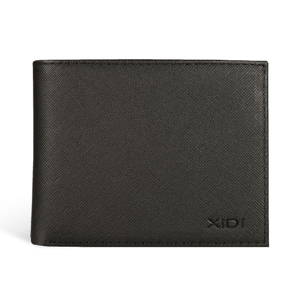  Ví nam da bò Saffiano cao cấp dáng ngang màu đen 3 cánh lật nhiều ngăn 