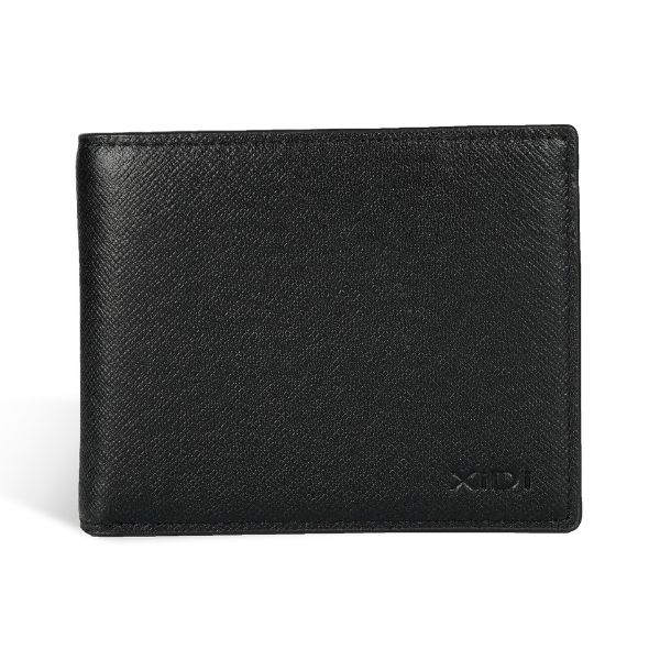  Ví da nam cao cấp vân Taiga dáng ngang 3 cánh lật nhiều ngăn màu đen. 