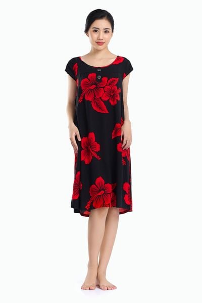 A47118020 - Đầm mặc nhà TOLE (LANH) sát nách, nẹp nút, cổ tròn, nền đen in họa