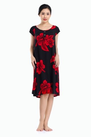 A47118020 - Đầm mặc nhà TOLE (LANH) sát nách, nẹp nút, cổ tròn, nền đen in họa