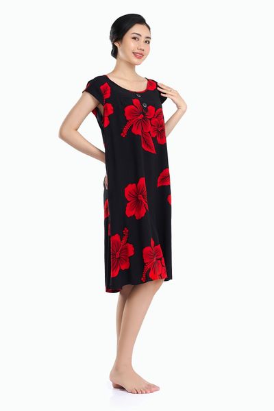 A47118020 - Đầm mặc nhà TOLE (LANH) sát nách, nẹp nút, cổ tròn, nền đen in họa