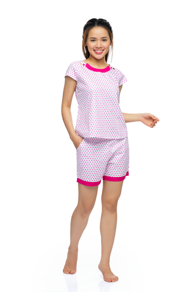 Q43218080 - Đồ bộ mặc nhà cotton quần đùi áo cộc tay họa tiết chấm bi đơn giản