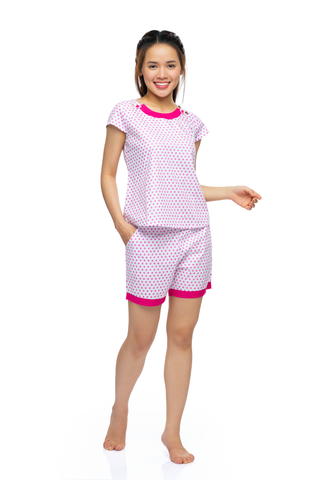 Q43218080 - Đồ bộ mặc nhà cotton quần đùi áo cộc tay họa tiết chấm bi đơn giản