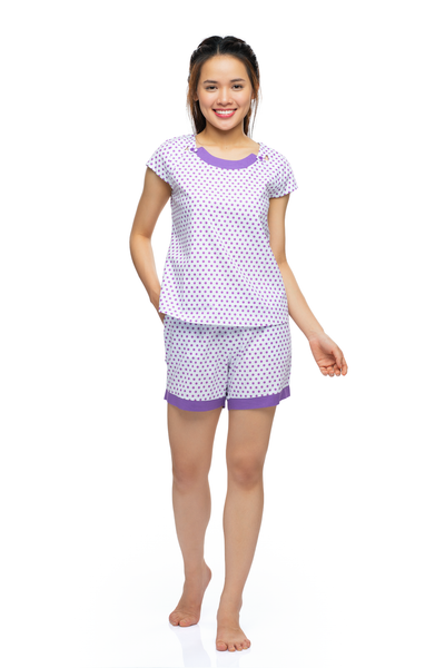 Q43218080 - Đồ bộ mặc nhà cotton quần đùi áo cộc tay họa tiết chấm bi đơn giản
