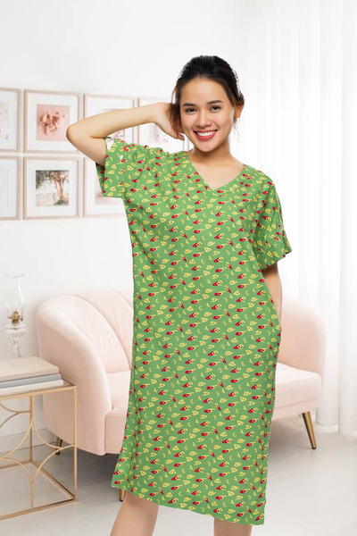 A47112202 - Đầm mặc nhà QUẾ LÂM RAYON HOA cổ tim họa tiết đơn giản