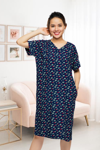 A47112202 - Đầm mặc nhà QUẾ LÂM RAYON HOA cổ tim họa tiết đơn giản