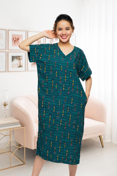 A47112202 - Đầm mặc nhà QUẾ LÂM RAYON HOA cổ tim họa tiết đơn giản