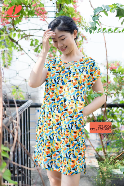 A47118040 - Đầm mặc nhà tole/ lanh/ viscose/ Rayon cao sấp in hoa, cổ tim