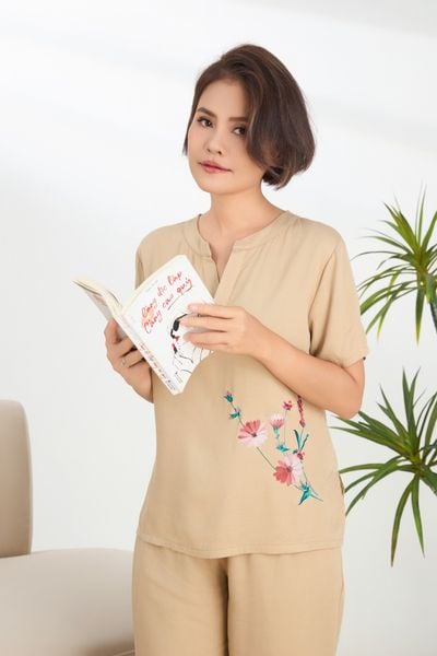 A451242401 - Bộ Dài in hoa Quế Lâm quần dài, tay ngắn chất vải rayon mềm mại, thoáng mát