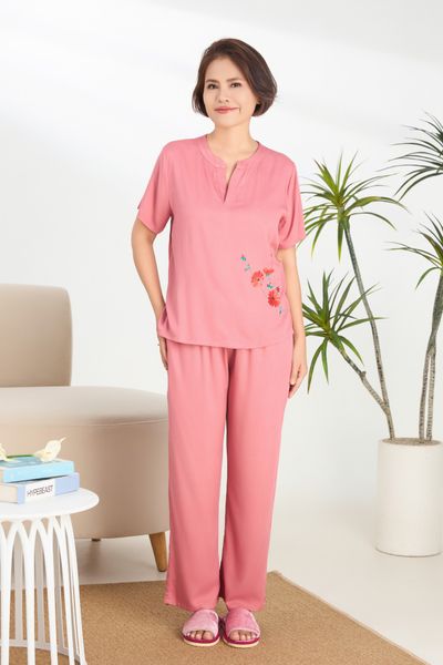 A451242401 - Bộ Dài in hoa Quế Lâm quần dài, tay ngắn chất vải rayon mềm mại, thoáng mát