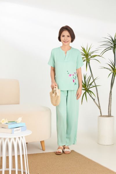 A451242401 - Bộ Dài in hoa Quế Lâm quần dài, tay ngắn chất vải rayon mềm mại, thoáng mát