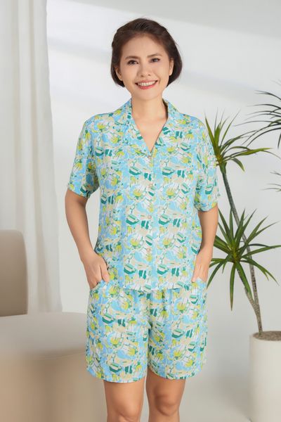 A431142502 - Bộ ngắn mặc nhà Pijama Ngắn tay rayon hoa