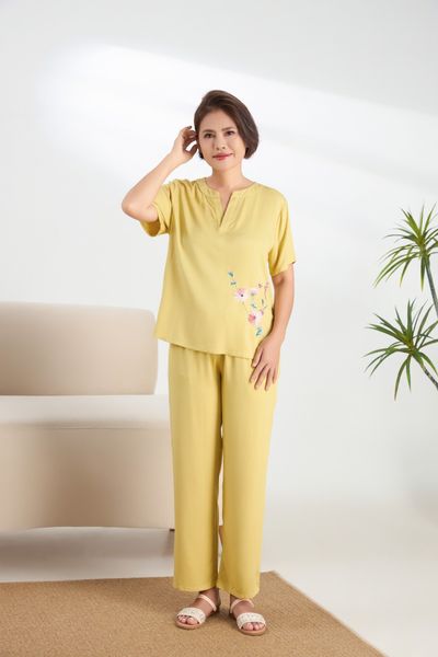 A451242401 - Bộ Dài in hoa Quế Lâm quần dài, tay ngắn chất vải rayon mềm mại, thoáng mát
