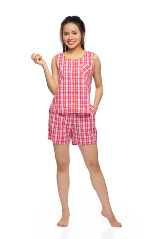 Q43318020 - Bộ ngắn mặc nhà chất kate - họa tiết caro có túi mềm mát