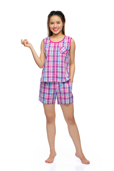 Q43318020 - Bộ ngắn mặc nhà chất kate - họa tiết caro có túi mềm mát