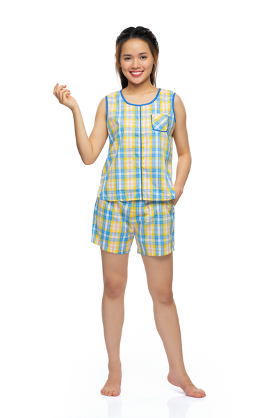 Q43318020 - Bộ ngắn mặc nhà chất kate - họa tiết caro có túi mềm mát