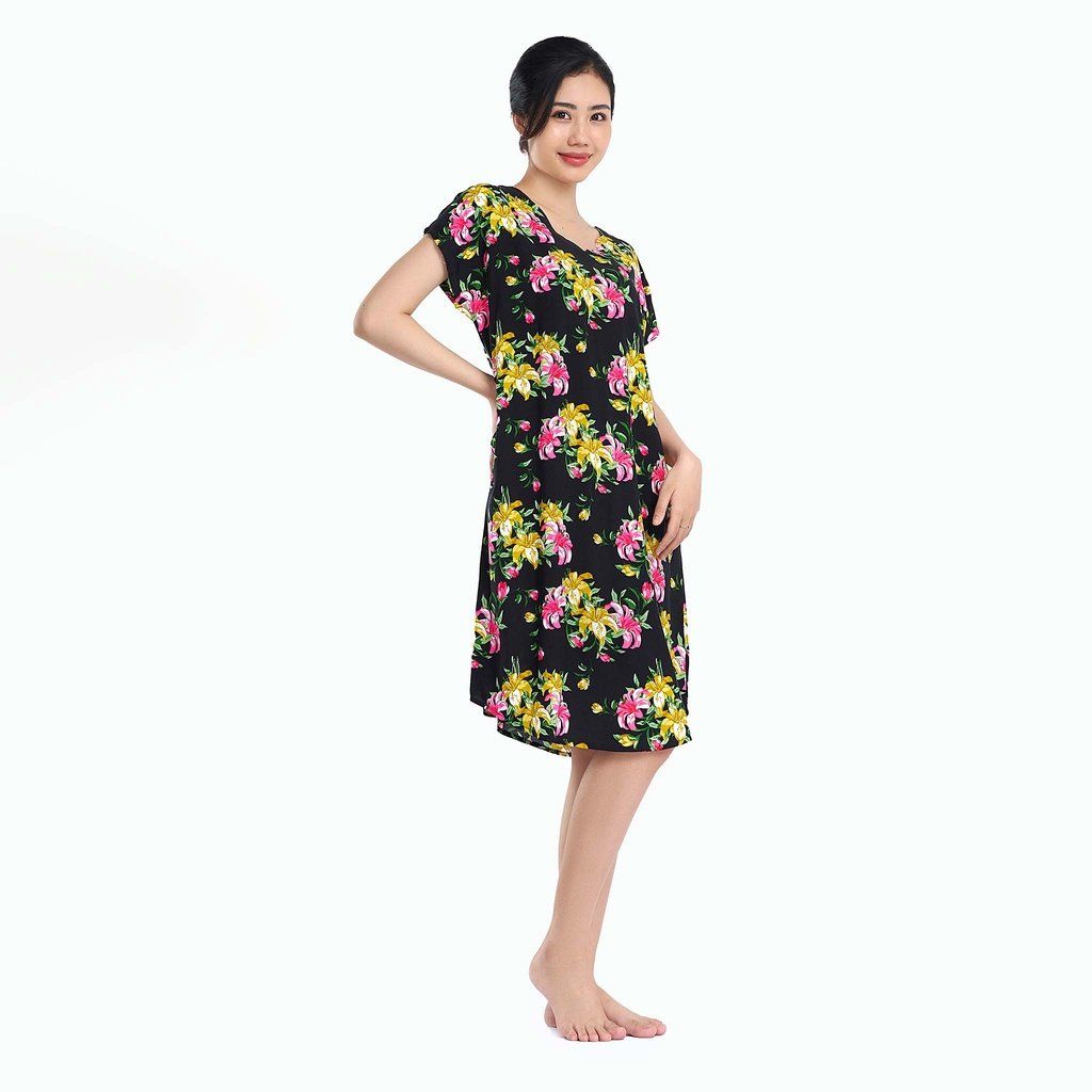  Q47119020 - Váy ngủ nữ mặc nhà, đầm trung niên tay cánh dơi dáng rộng vải Rayon mát mềm in hoa bản to sắc nét tôn da nhiều kích cỡ 
