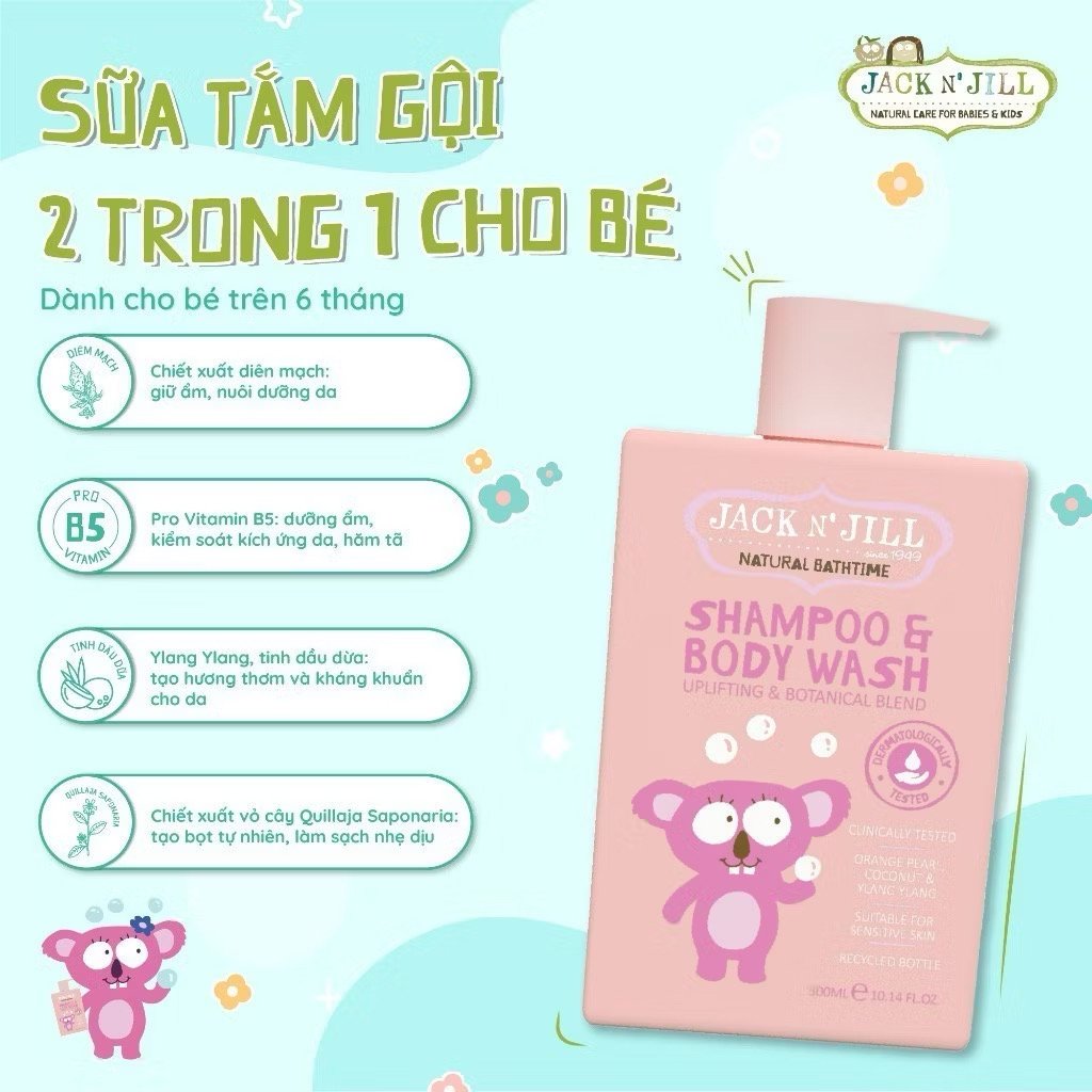 Sữa Tắm Gội Jack N' Jill 300ml Cho Bé Từ Sơ Sinh Chiết Xuất Thiên Nhiên Dịu Nhẹ Dưỡng Ẩm Ngừa Hăm Tã