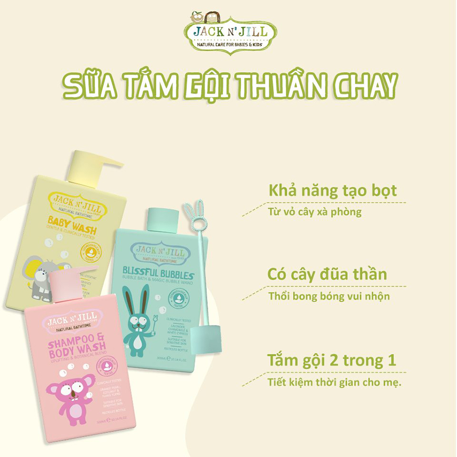Sữa Tắm Gội Jack N' Jill 300ml Cho Bé Từ Sơ Sinh Chiết Xuất Thiên Nhiên Dịu Nhẹ Dưỡng Ẩm Ngừa Hăm Tã