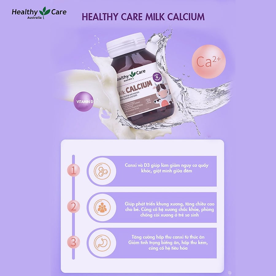 Viên Uống Canxi Sữa Cho Bé Healthy Care Kids Milk Calcium 60 Viên Vitamin Thực Phẩm Bổ Sung Cho Bé