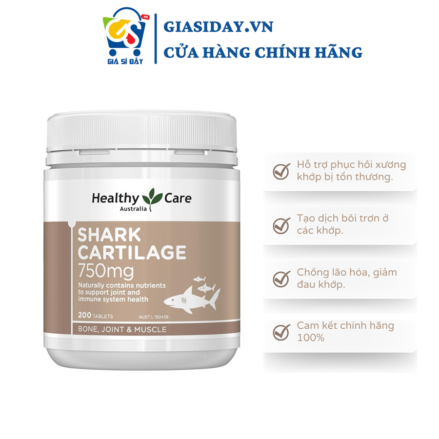 Sụn Vi Cá Mập Úc Healthy Care Shark Cartilage 750mg 200 Viên