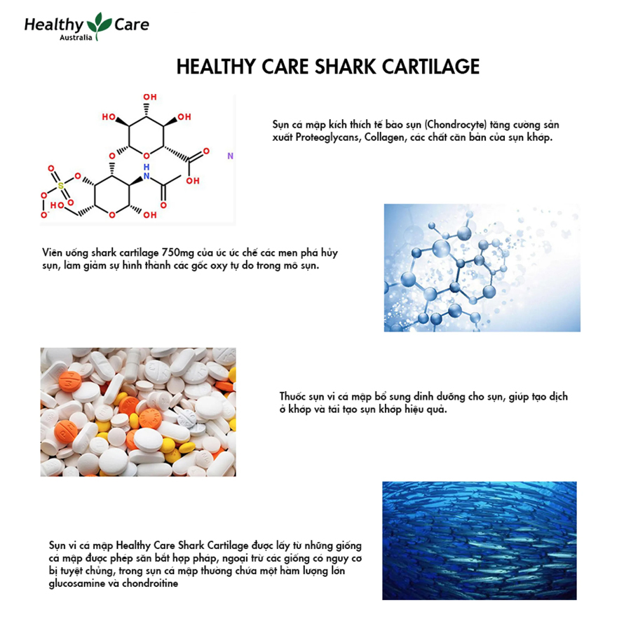 Sụn Vi Cá Mập Úc Healthy Care Shark Cartilage 750mg 200 Viên