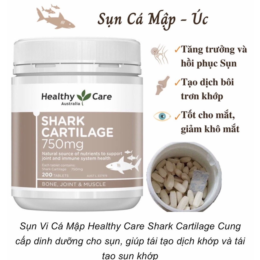 Sụn Vi Cá Mập Úc Healthy Care Shark Cartilage 750mg 200 Viên