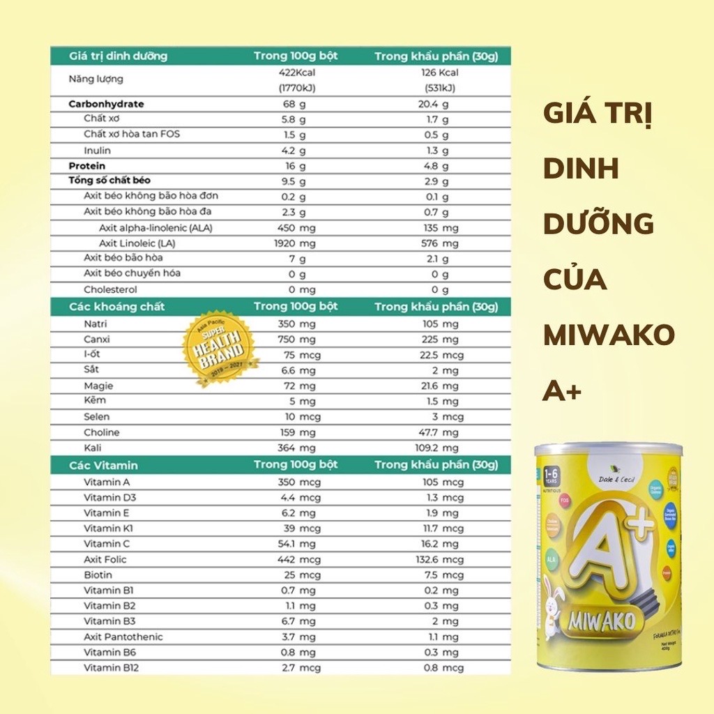 Sữa Hạt Thực Vật Hữu Cơ Miwako A+ Vị Vani 700g, 400g cho trẻ từ 1-6 tuổi - Sữa Bột Công Thức