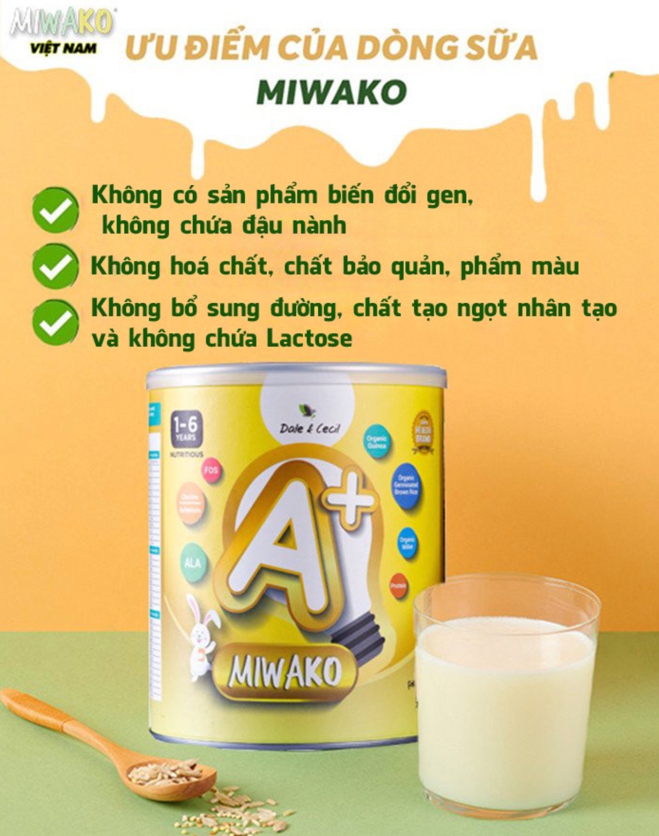 Sữa Hạt Thực Vật Hữu Cơ Miwako A+ Vị Vani 700g, 400g cho trẻ từ 1-6 tuổi - Sữa Bột Công Thức