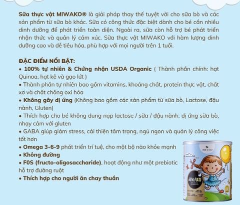 Sữa Hạt Thực Vật Hữu Cơ Miwako Vị Gạo 700g, 400g cho trẻ từ 1 tuổi - Sữa Bột Công Thức