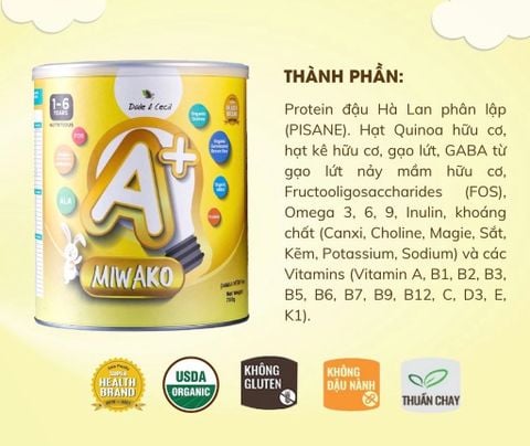 Sữa Công Thức Hạt Thực Vật Hữu Cơ Miwako A+ Vị Vani 700g, 400g cho trẻ từ 1-6 tuổi