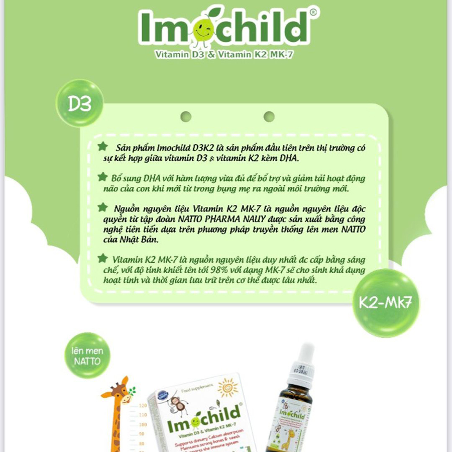 Vitamin Imochild D3K2 MK7 DHA 20ml Vinmec Tăng Chiều Cao, Xương Chắc Khoẻ, Cải Thiện Trí Não